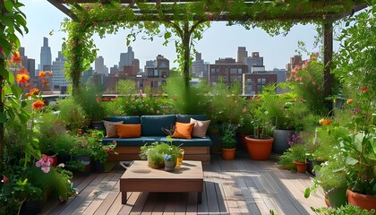 Wall Mural - Urban Oasis: Tranquil Rooftop Terrace Garden Filled with Vibrant Flora