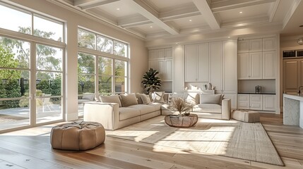 A spacious living room with high ceilings, decorated in neutral tones like white, gray, and beige. The floor is light wood, The ceiling is clean and ready to add recessed lighting. Generative AI.