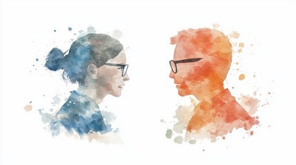 Two individuals in intense negotiation, determined expressions, Watercolor style