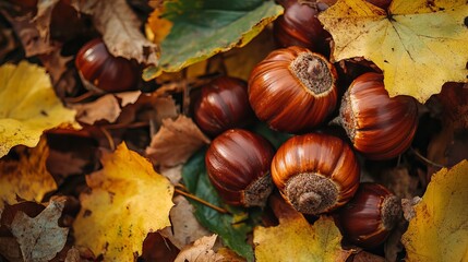 Fetuses of autumn chestnuts against a backdrop, showcasing their natural spiky shells and rich, autumnal hues.