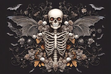 Wall Mural - An Art Nouveau Halloween poster featuring an elegant skeleton with swirling, ornate details and bats in flight, offering ample copy space for text or design elements.