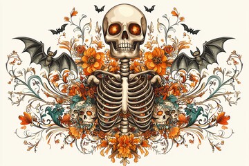 Poster - An Art Nouveau Halloween poster featuring an elegant skeleton with swirling, ornate details and bats in flight, offering ample copy space for text or design elements.