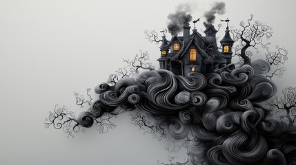 Poster - An Art Nouveau design featuring a haunted house with curved, flowing architecture and intricate vines wrapping around it. The image is styled with ample copy space for creative messaging.