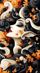 Poster - A vintage Art Nouveau-style vampire with a cape flowing into intricate patterns of swirling bats and autumn leaves, providing significant copy space for text or other elements.