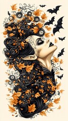 Poster - a vintage art nouveau-style vampire with a cape flowing into intricate patterns of swirling bats and