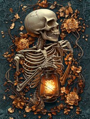 Wall Mural - A graceful Art Nouveau skeleton holding a glowing lantern amidst flowing designs of vines and floral elements, with ample copy space for creative use.