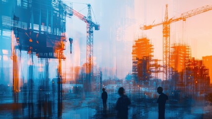 A double exposure image of a construction site with cranes and workers,  representing growth, development, and progress.