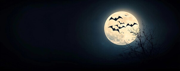 Poster - Bright neon bats flying across a glowing full moon, with the dark sky providing contrast and plenty of copy space for text or branding.