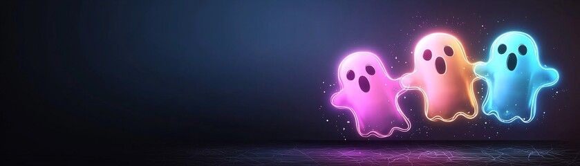 Poster - Neon-glowing ghosts floating in the dark with vibrant, glowing outlines, creating an eerie Halloween atmosphere with space for copy or branding.