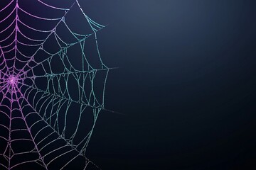 Poster - A neon spider web glowing in green and purple light, stretching across the frame with a spooky, dark background, leaving room for text or design elements.