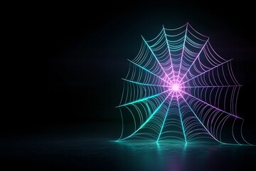 Poster - a neon spider web glowing in green and purple light, stretching across the frame with a spooky, dark