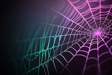 Poster - A neon spider web glowing in green and purple light, stretching across the frame with a spooky, dark background, leaving room for text or design elements.