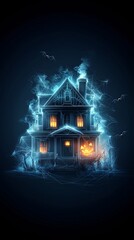 Poster - A neon-glowing haunted house with flickering lights and bats in the background, offering a spooky yet playful Halloween theme with plenty of copy space.