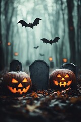 Poster - A neon glow-in-the-dark graveyard scene with tombstones, glowing jack-o'-lanterns, and bats flying overhead, with plenty of copy space for Halloween greetings or messages.