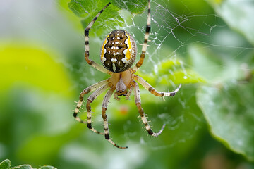 Wall Mural - Spider spinning a web in the corner of a garden