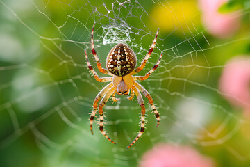 Wall Mural - Spider spinning a web in the corner of a garden