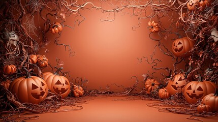 Poster - An intricate Art Nouveau Halloween scene featuring flowing lines and detailed pumpkin carvings, surrounded by swirling vines and gothic motifs. The design provides plenty of copy space for text or