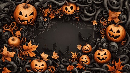 Poster - An intricate Art Nouveau Halloween scene featuring flowing lines and detailed pumpkin carvings, surrounded by swirling vines and gothic motifs. The design provides plenty of copy space for text or