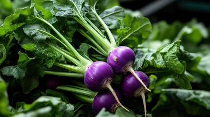 Wall Mural - A close-up of market-ready kohlrabi (Brassica oleracea), with its bulbous purple stem and green leaves