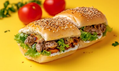 Wall Mural - Shawarma in sandwich roll bread with sesame on top, Generative AI 