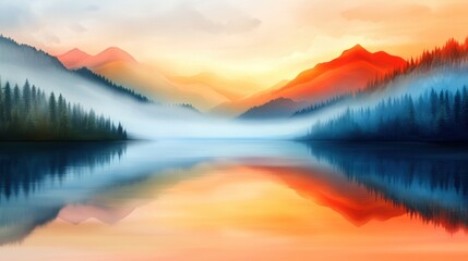 Wall Mural - A painting of a mountain range with trees and water, AI