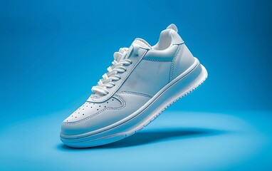 Wall Mural - pair of white sneakers isolated on blue background. 3d rendering