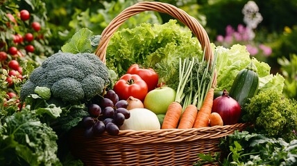 A wicker basket filled with fresh vegetables and fruits, including broccoli, carrots, tomatoes, lettuce, grapes, apples, onions, and cabbage, arranged in a lush outdoor garden setting.