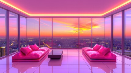 Luxurious modern living room with floor-to-ceiling windows overlooking a breathtaking sunset, room features two stylish pink couches, comfort and elegance with stunning view city.