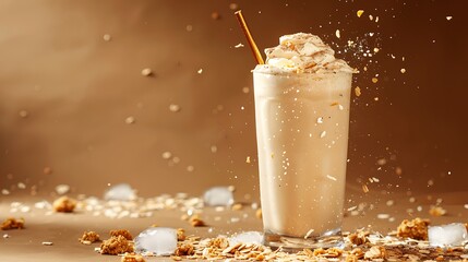 Wall Mural - On a brown background an oatmeal milkshake with ice and crumbs