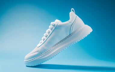 Wall Mural - pair of white sneakers isolated on blue background. 3d rendering