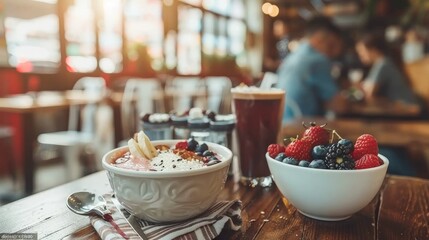 Smoothie bowl topped with fresh fruits and nuts in a cozy cafe, with warm lighting creating a relaxing atmosphere, perfect for a healthy breakfast or snack.