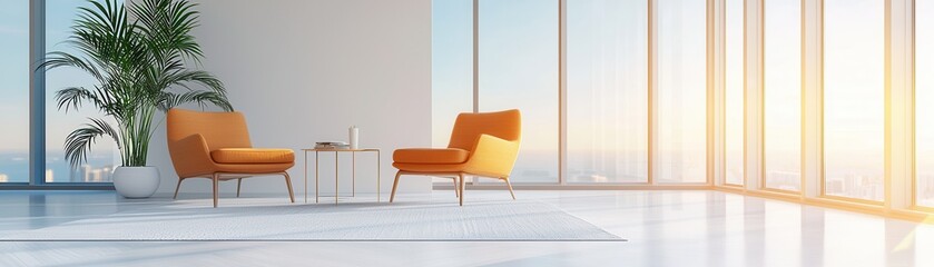 Canvas Print - Minimalist Living Room Interior With Two Orange Armchairs and a Palm Tree.