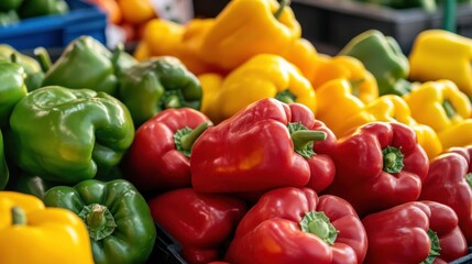 A close-up of colorful market-ready bell peppers (Capsicum annuum), adding vibrancy to the market stall