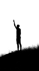 Wall Mural - The silhouette of a man, thin and tall, with a good figure, pointing his right hand towards the sky, black silhouette