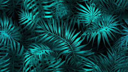 Teal tropical leaves overlaid with glowing neon grid abstract design