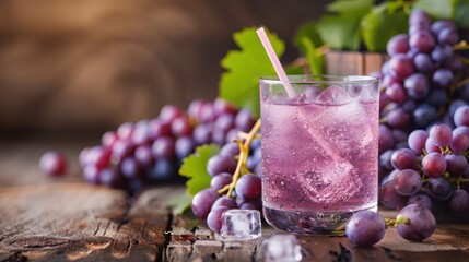 Wall Mural - Freshly poured grape juice with ice cubes, rustic wooden table, bunches of grapes, grapevine backdrop.