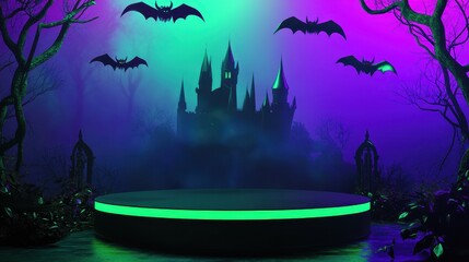 A sleek black podium showcases vibrant green and purple lights, with flying bats hovering above a distant creepy castle