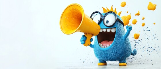 Pixarstyle monster with glasses and a smiley mouth, holding a yellow megaphone, cute and isolated with no background