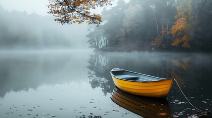 Wall Mural - On a foggy day a yellow boat is moored above a lake near a canopy of trees covered with leaves