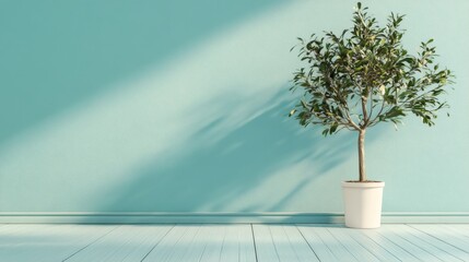 Wall Mural - Potted plant in a white pot on a light blue wooden floor, with a light blue wall in the background.