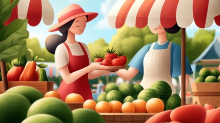 Canvas Print - A woman holding a basket of strawberries and another person with fruit, AI