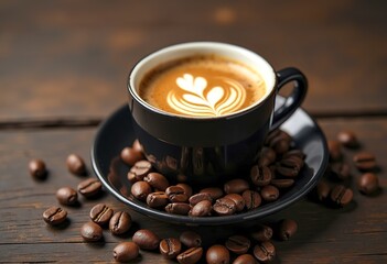 A cup of espresso with coffee beans scattered around on a dark wooden surface