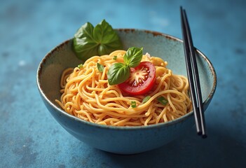 A bowl of instant ramen noodles with a tomato and basil leaves, with chopsticks on a blue background