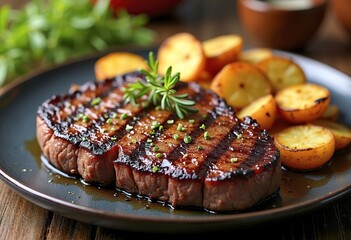 A plate of grilled steak with roasted potatoes, garnished with fresh herbs