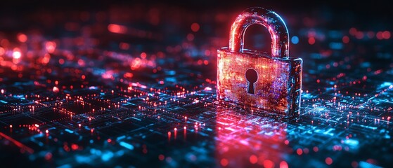 Poster - Cyber protection theme, metallic padlock icon, abstract data grids, dynamic connections, soft blue gradient background, futuristic feel