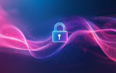 Aufkleber - Cyber security visual, padlock icon in focus, data transmission waves, dynamic swirling lines, gradient blue background, modern digital design