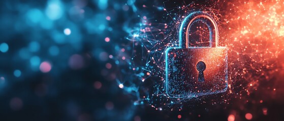 Poster - Cyber protection theme, metallic padlock icon, abstract data grids, dynamic connections, soft blue gradient background, futuristic feel