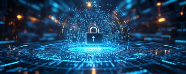 Poster - Cybersecurity padlock illustration, binary code lines, futuristic circular design, blue and white background, digital protection theme