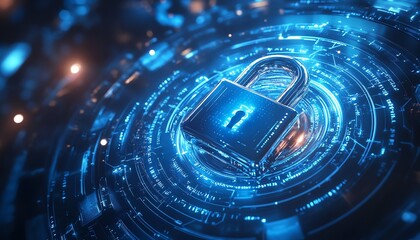 Poster - Cybersecurity illustration, metallic padlock with binary code, futuristic circular elements, blue and white backdrop, digital security concept