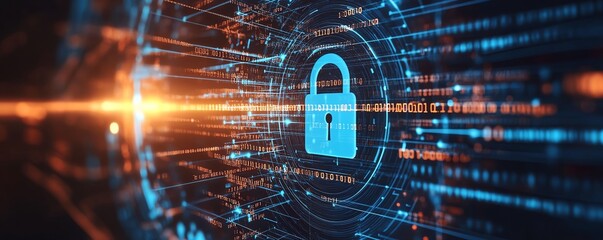 Poster - Cybersecurity padlock illustration, binary code lines, futuristic circular design, blue and white background, digital protection theme